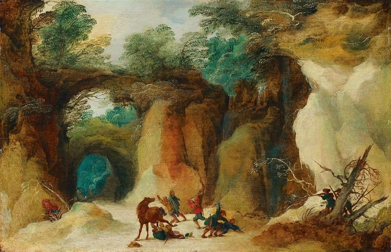 Joost de Momper (II), Pieter Snayers - Paesaggio roccioso con un'imboscata